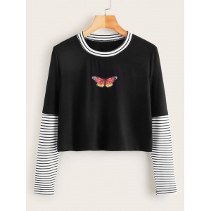 2 IN 1 Butterfly Print Striped Panel Tee