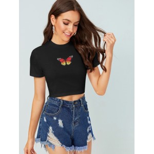 Butterfly Print Fitted Crop Top