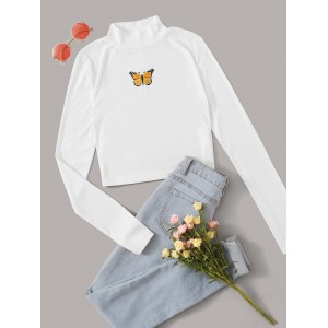 Butterfly Embroidery Mock Collar Tee