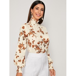 Floral Print Shirred Frill Trim Blouse