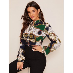 Chain & Geo Print Notched Neck Blouse