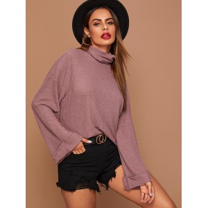 Funnel Neck Roll Up Sleeve Waffle Knit Tee
