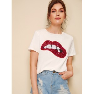 Contrast Sequin Lip Print T-shirt