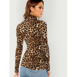 High Neck Leopard Print Fitted Top