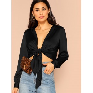 Collared Plunging Neck Tie Front Top