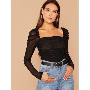 Frilled Trim Ruched Mesh Top
