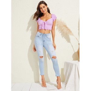 Frill Trim Knotted Front Shirred Crop Top