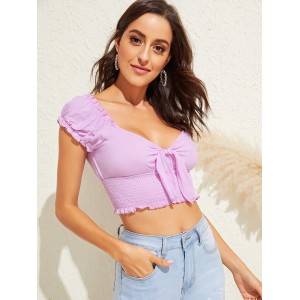 Frill Trim Knotted Front Shirred Crop Top