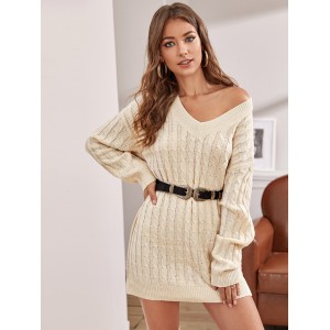 Drop Shoulder Cable Knit Sweater Dress Without Belt
