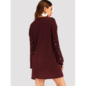 Drop Shoulder Pearl Beaded Sweater Dress