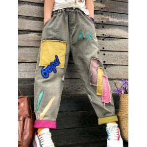 Casual Patchwork Letter Print Elastic Waist Jeans For Women