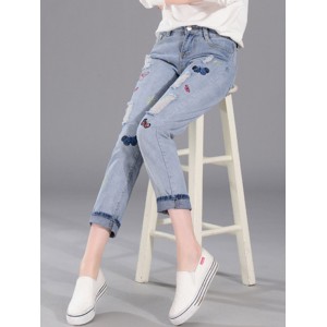 Butterfly Embroidered Hole Harem Jeans