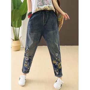 Casual Holes Flowers Embroidery Loose Old Harem Jeans