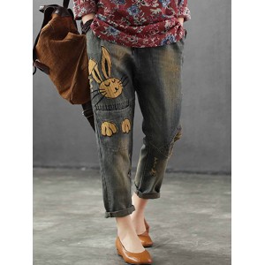Cartoon Rabbit Embroidery Distressed Patch Casual Denim