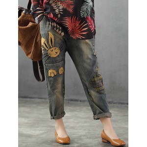 Cartoon Rabbit Embroidery Distressed Patch Casual Denim