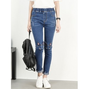 Embroidered Cat Ears Patch Elastic Waist Jeans