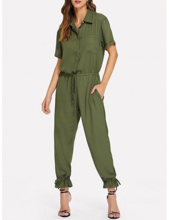 Casual Solid Color Draw String Turn-down Collor Pockets Jumpsuit