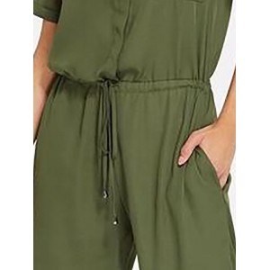 Casual Solid Color Draw String Turn-down Collor Pockets Jumpsuit