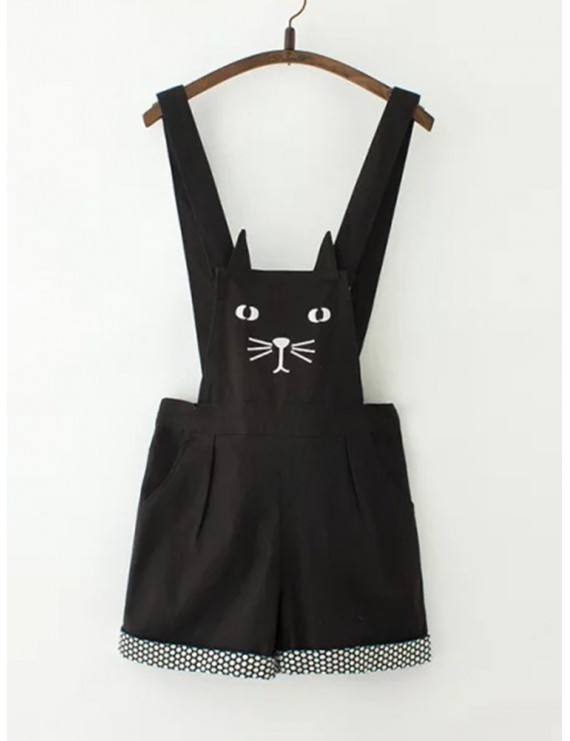 Cat Embroidery Polka Dot Casual Short Jumpsuits