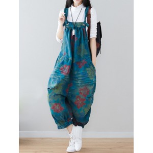Casual Flower Printed Hole Double Pockets Loose Jumpsuits For Women