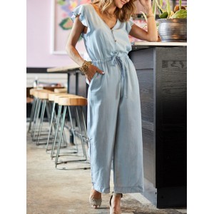 Button V Neck Wide Legs Frill Sleeve Casual Jumpsuit