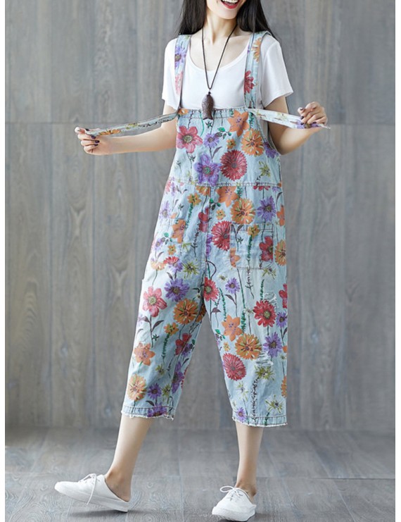 Casual Print Floral Overall Harem Jumpsuit