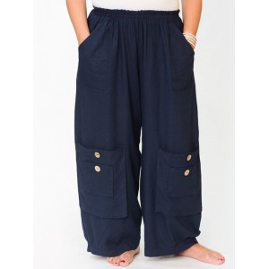 Casual Solid Color Elastic Waist Cargo Pants With Big Pockets